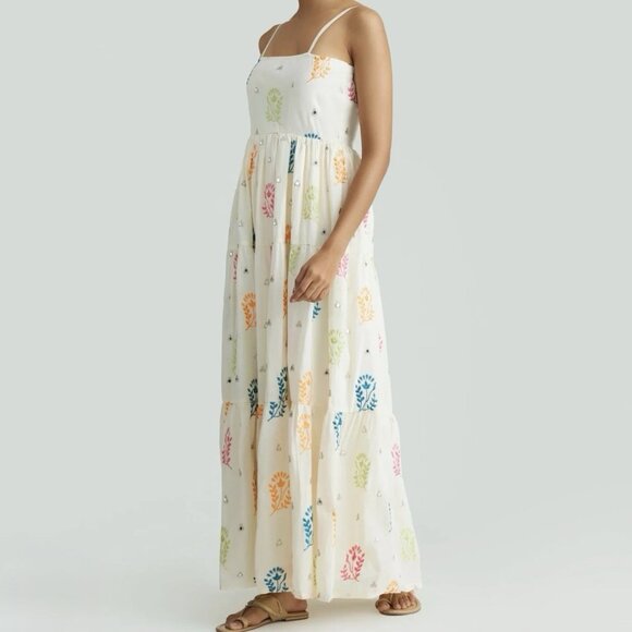 Holichic by Megha Rao Soraya Floral Embroidered Cotton Maxi Dress Ivory Sz S - Picture 1 of 9